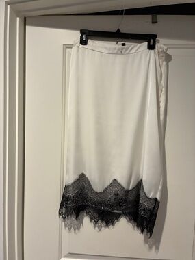 Topshop White Midi Slip Skirt with Black Lace Hem